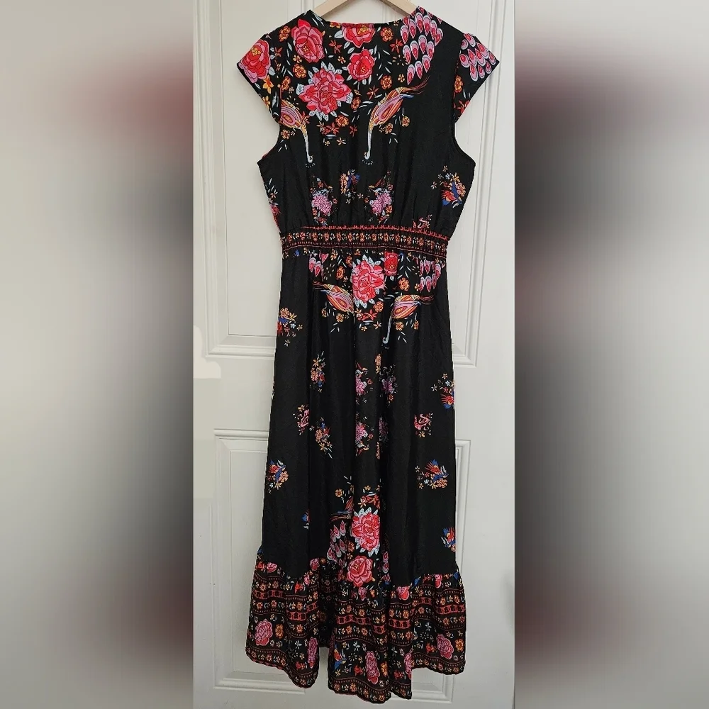 Wish V-Neck Peacock Floral Print Flare Sleeve Bohemian cotton blend Dress size S - Picture 7 of 13